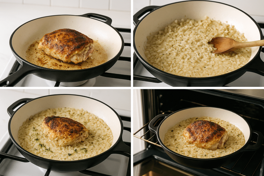 Step-by-step photo collage of making one pot jerk chicken and rice