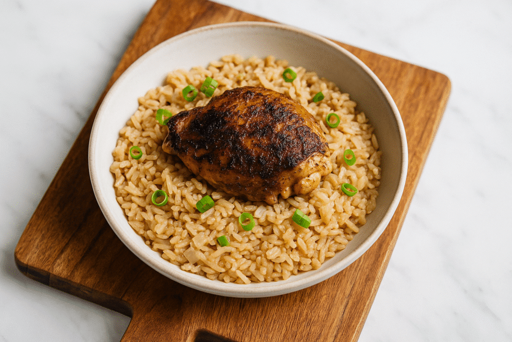 Serving one pot jerk chicken and rice in modern kitchen