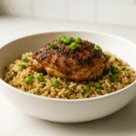 Jerk chicken and rice plated for one
