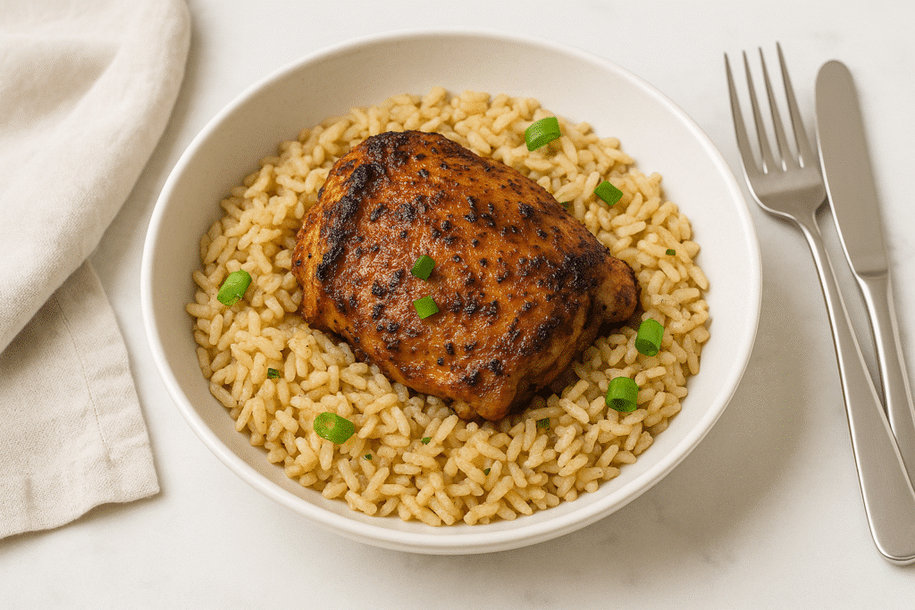 One pot jerk chicken and rice served in a white bowl
