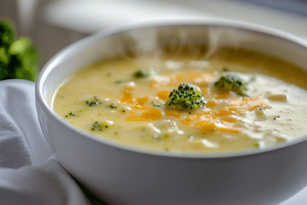 Bowl of low carb broccoli cheese soup on white kitchen counter
