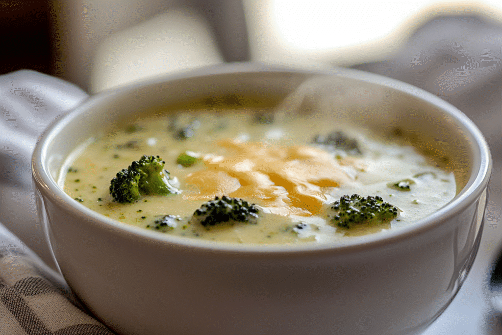 Creamy low carb broccoli cheese soup in ceramic bowl