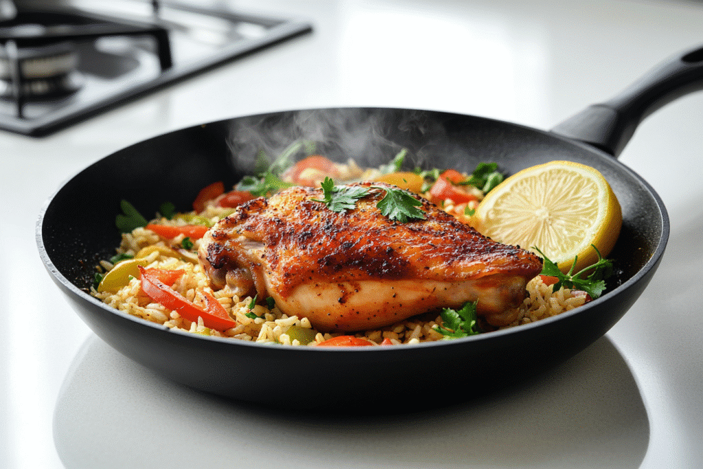 One chicken thigh with spicy Cajun rice in black skillet on white kitchen counter