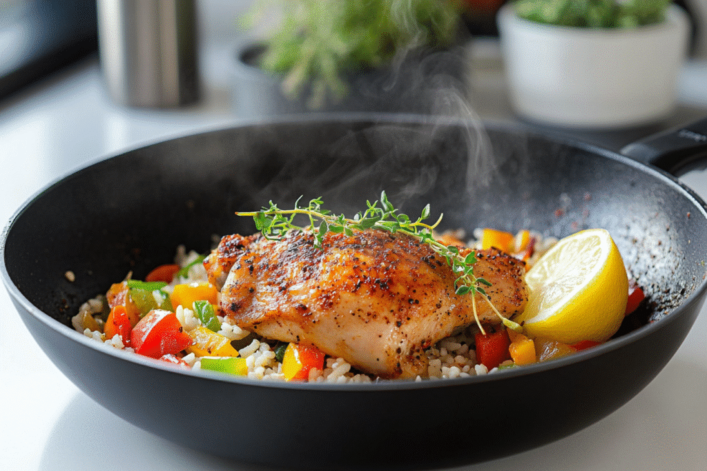 Cajun chicken rice cooked with one chicken thigh in skillet