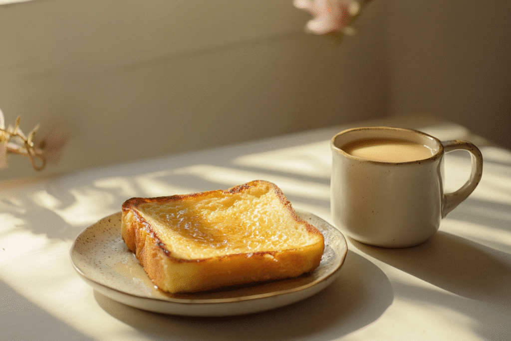 Coffee creamer French toast served on plate with creamer