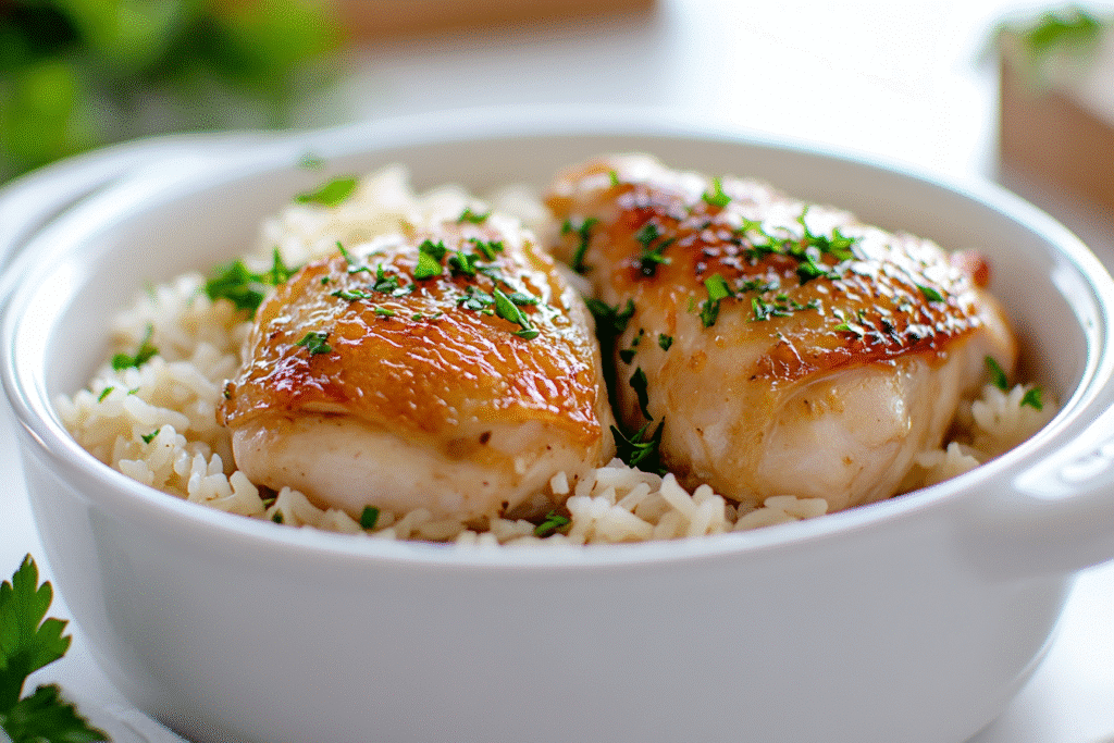 Close-up of one pot chicken and rice with 2 golden thighs on white plate