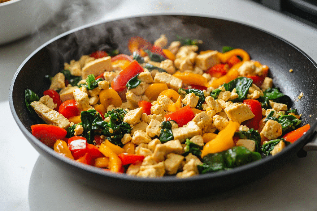 tofu scramble cooking in skillet with veggies