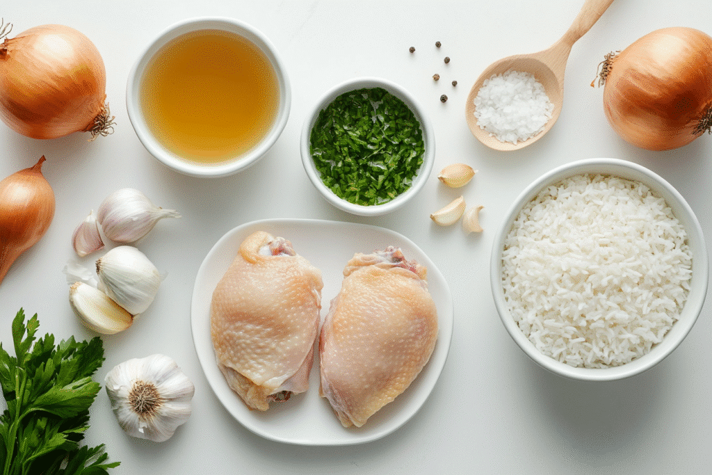 Ingredients for one pot chicken and rice laid out on white counter