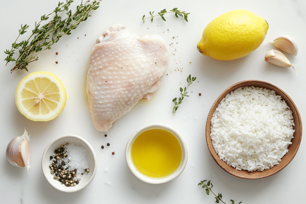 Ingredients for one pot chicken and rice with caramelized lemon