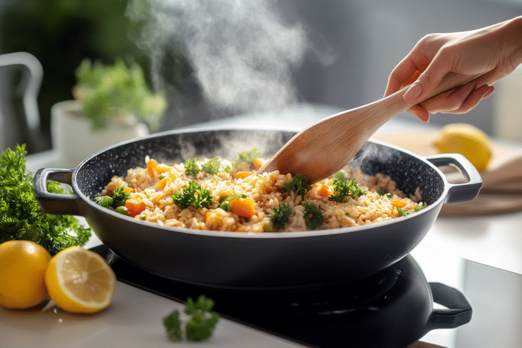 Stirring Cajun rice and vegetables in skillet during cooking