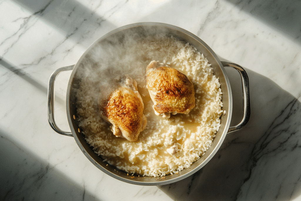 One pot chicken and rice steaming in skillet on white kitchen counter
