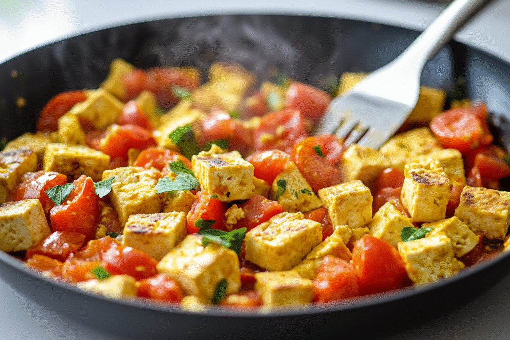tofu and tomato cooking in skillet for tofu scramble