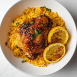 One pot chicken and rice with caramelized lemon in a white bowl