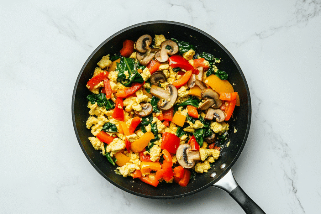 tofu veggie scramble in skillet on white countertop