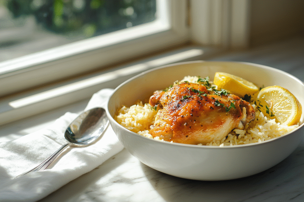 One pot chicken and rice with lemon served in bowl