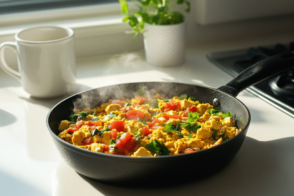 one-pan tomato tofu scramble in skillet on bright white kitchen counter