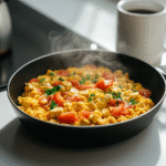 fresh ingredients for tomato tofu scramble on minimalist white kitchen counter
