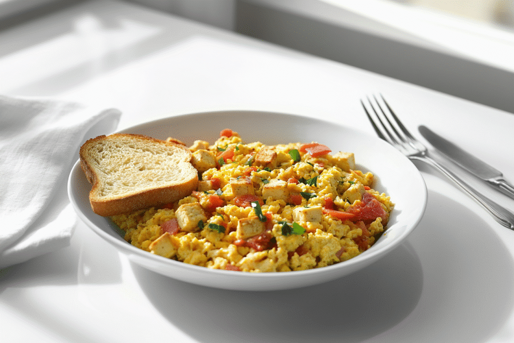 plated tofu veggie scramble with toast and napkin