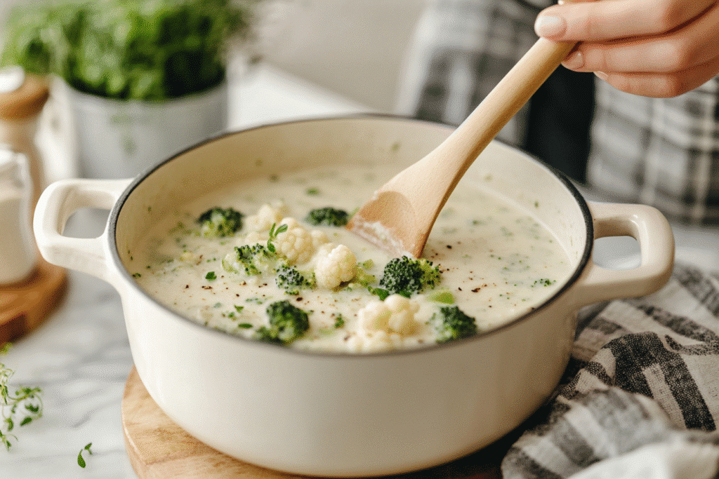 stirring broccoli cheese soup on white stove