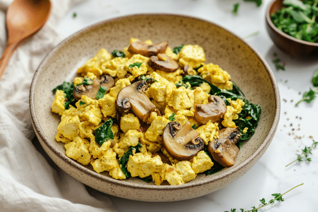 golden tofu scramble with mushrooms and spinach on a ceramic plate with fresh herbs
