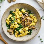 tofu scramble with spinach and mushrooms served on a rustic plate in bright kitchen light