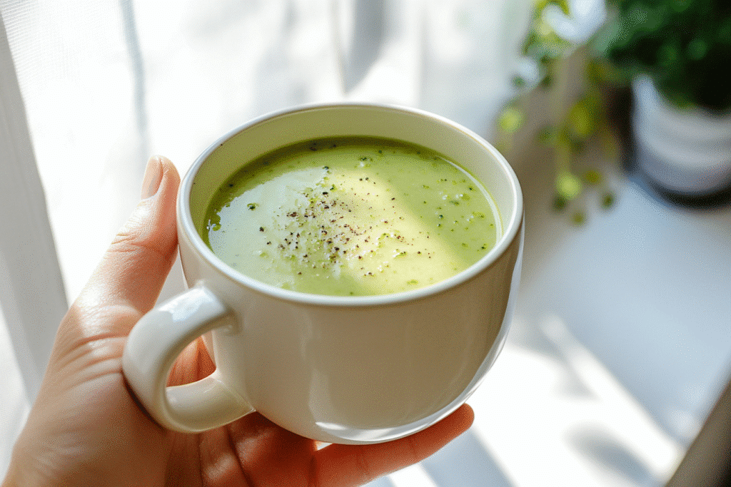 hand holding mug of creamy vegan soup