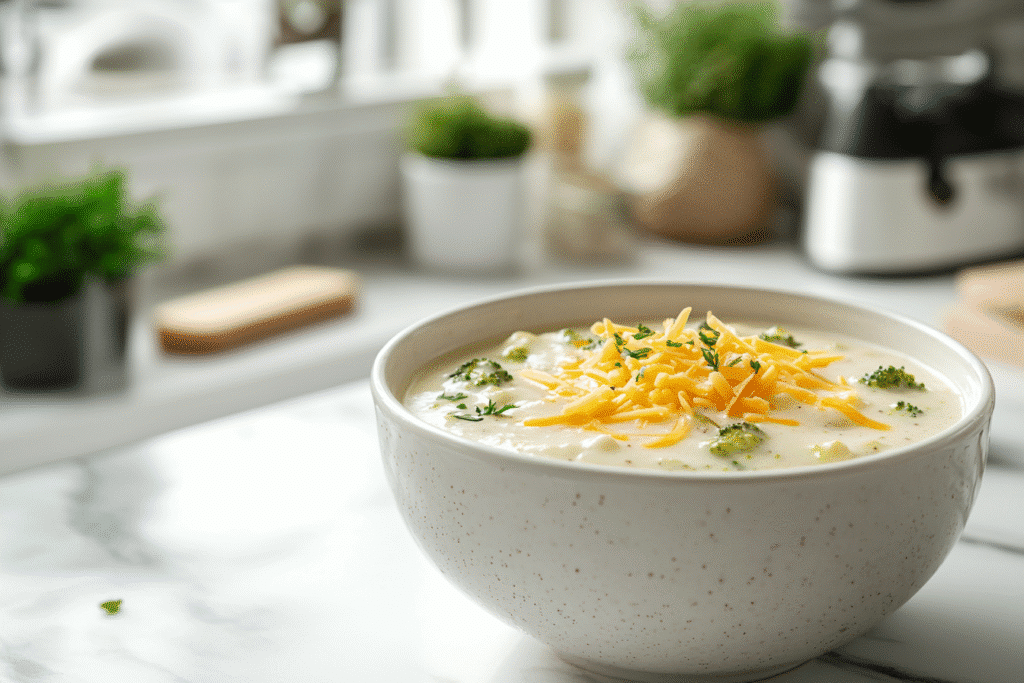 low carb broccoli cauliflower cheese soup in bowl on counter