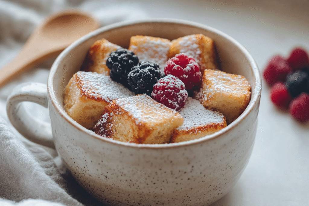 French toast in a mug with fresh berries and powdered sugar