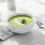 vegan creamy soup in white bowl, natural light