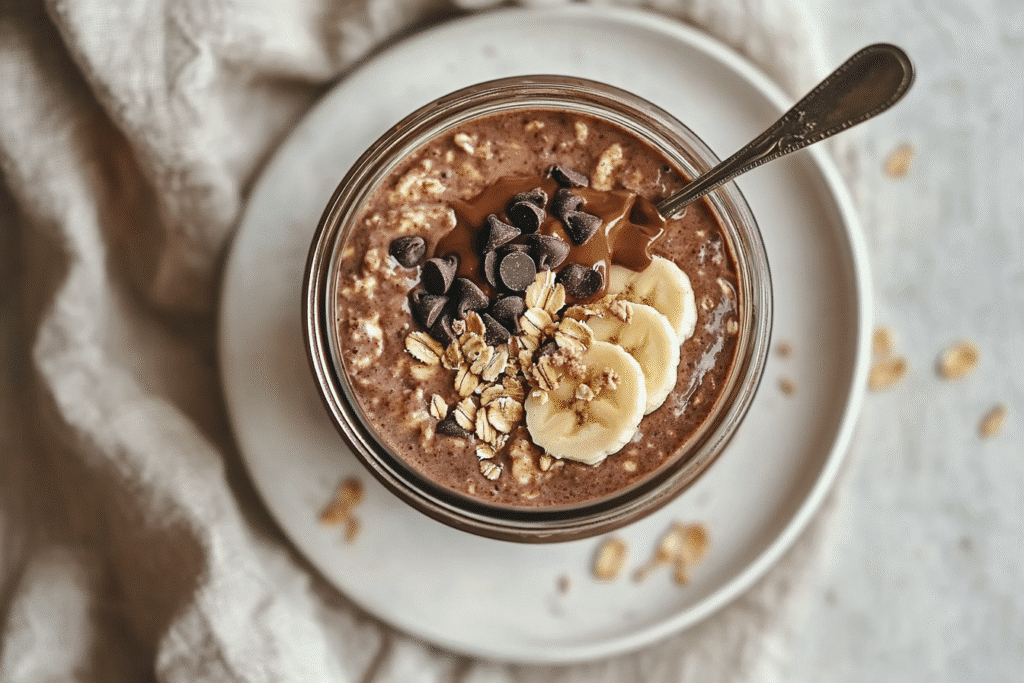 top-down chocolate oats in jar with modern styling