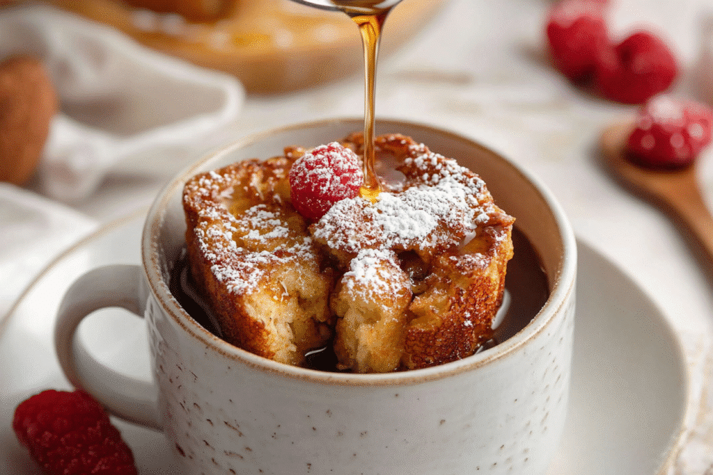 Microwave French toast in a mug on a solo kitchen counter