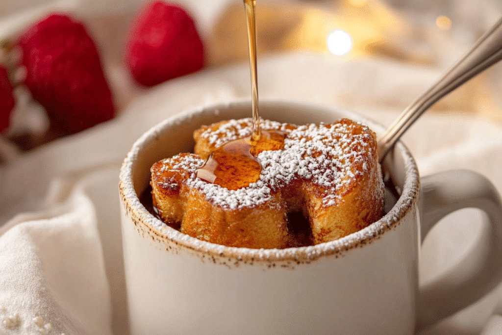 Single-serve microwave French toast in a mug on a cozy kitchen counter