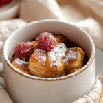 French toast served in a mug, topped with a drizzle of syrup and powdered sugar