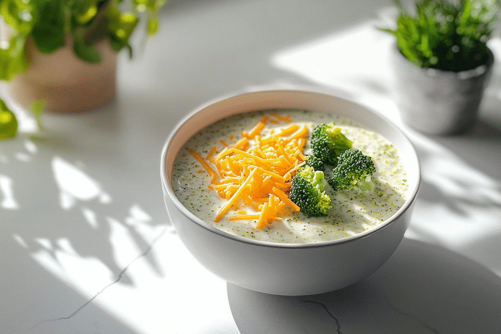 Creamy broccoli cheddar soup with cheese and broccoli garnish
