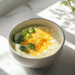 Bowl of low carb high protein broccoli cheddar soup on white kitchen counter