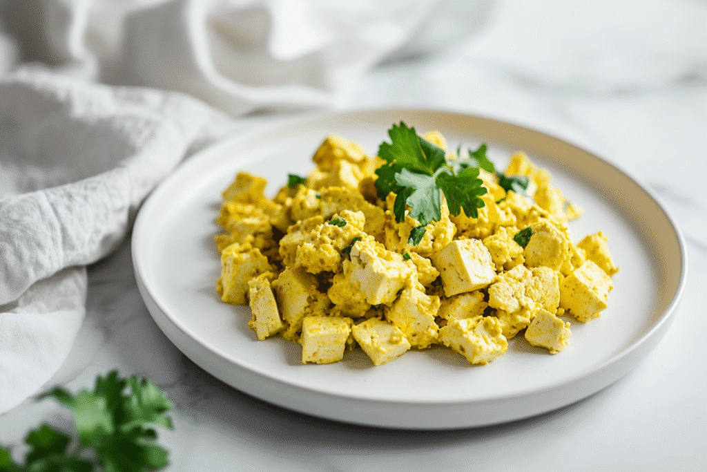 Easy tofu breakfast scramble served on a white plate