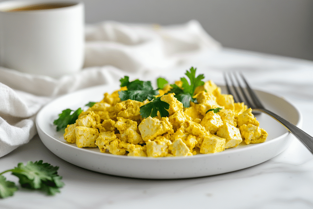 Overhead flat lay of tofu scramble breakfast for one