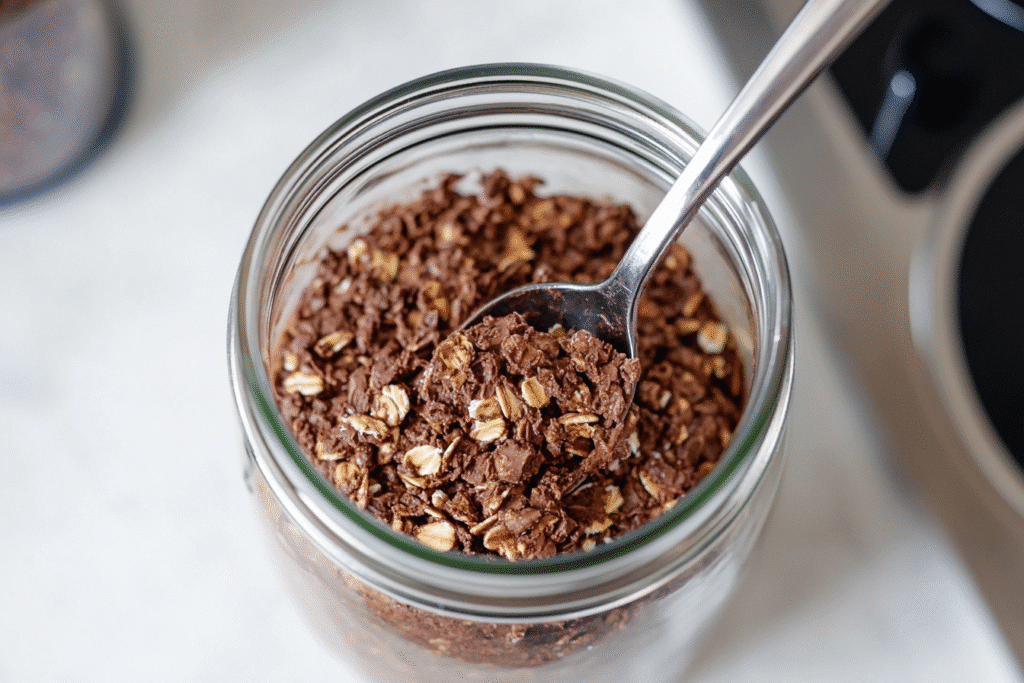 stirring chocolate oats mixture in glass jar