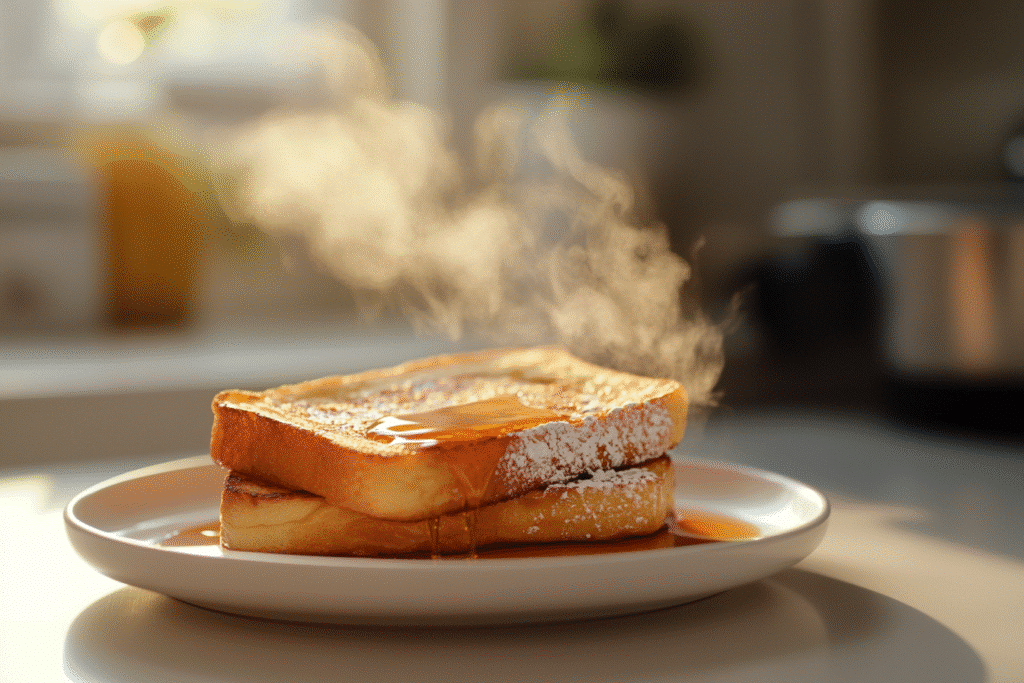 Finished slice of French toast on plate with syrup drizzle