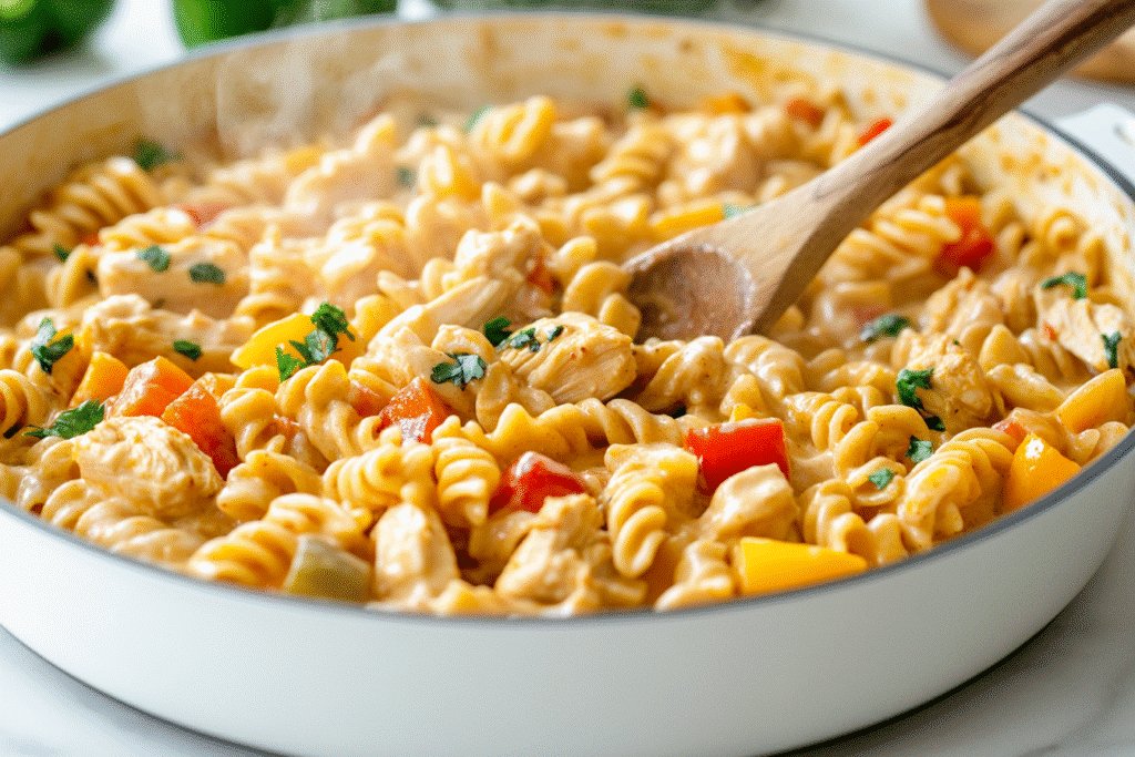 One pot cajun chicken pasta simmering in white pan with creamy Cajun sauce and vibrant bell peppers