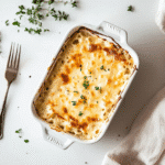 single-serving pasta al forno with béchamel sauce in a white ramekin