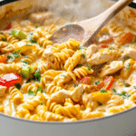 One pot cajun chicken pasta cooking in creamy sauce with pasta and colorful bell peppers in white pan