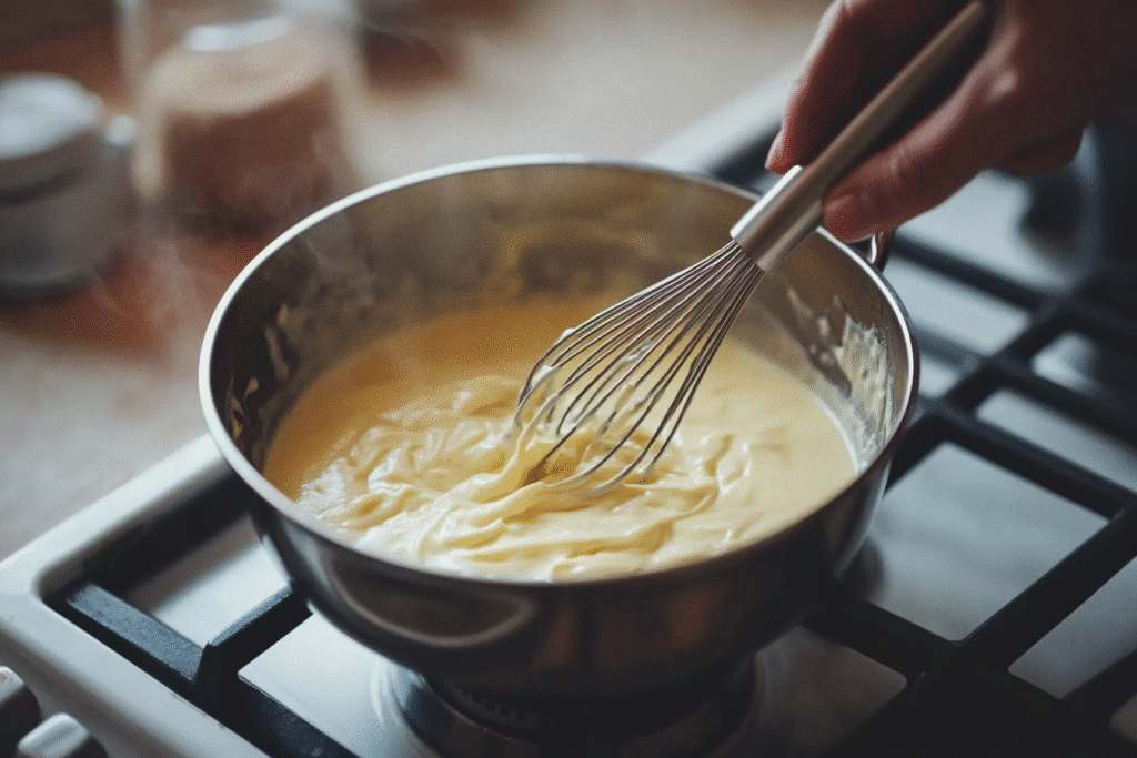 close-up of creamy béchamel sauce being whisked