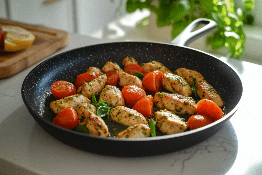 steaming keto pesto chicken skillet on minimalist countertop