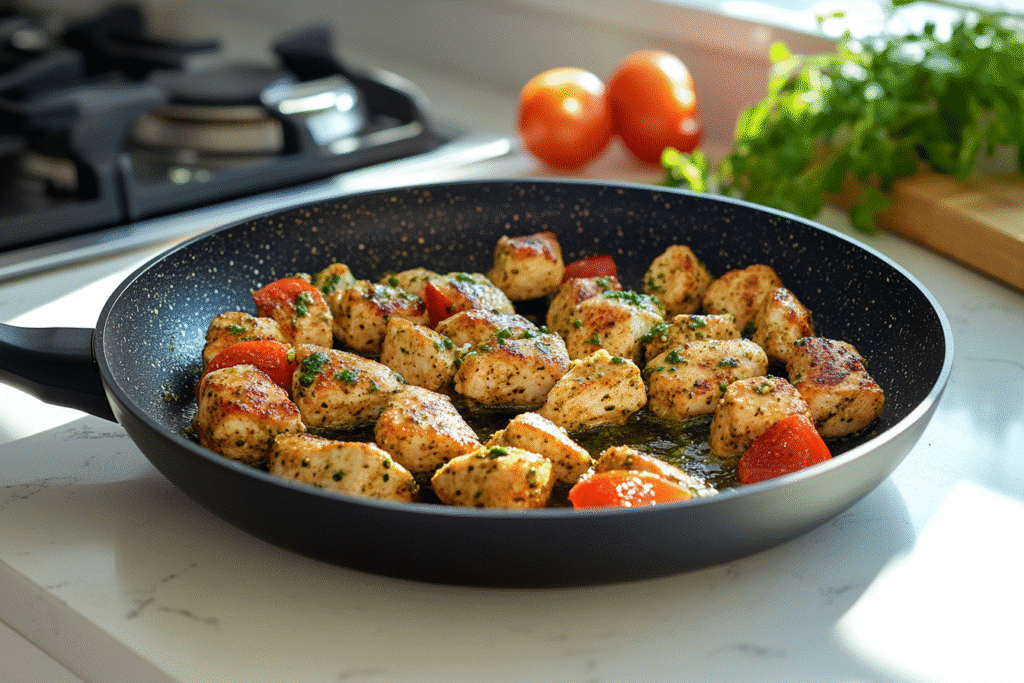 close-up of cheesy keto pesto chicken in skillet