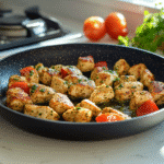 Overhead shot of Instant Pot keto chicken pesto plated on a white dish, served with a small side salad, bright natural lighting, white marble kitchen counter, minimalist modern kitchen, styled for a Pinterest food blog, clean and sharp detail, ratio 3:2