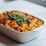 pasta al forno for one on white kitchen counter