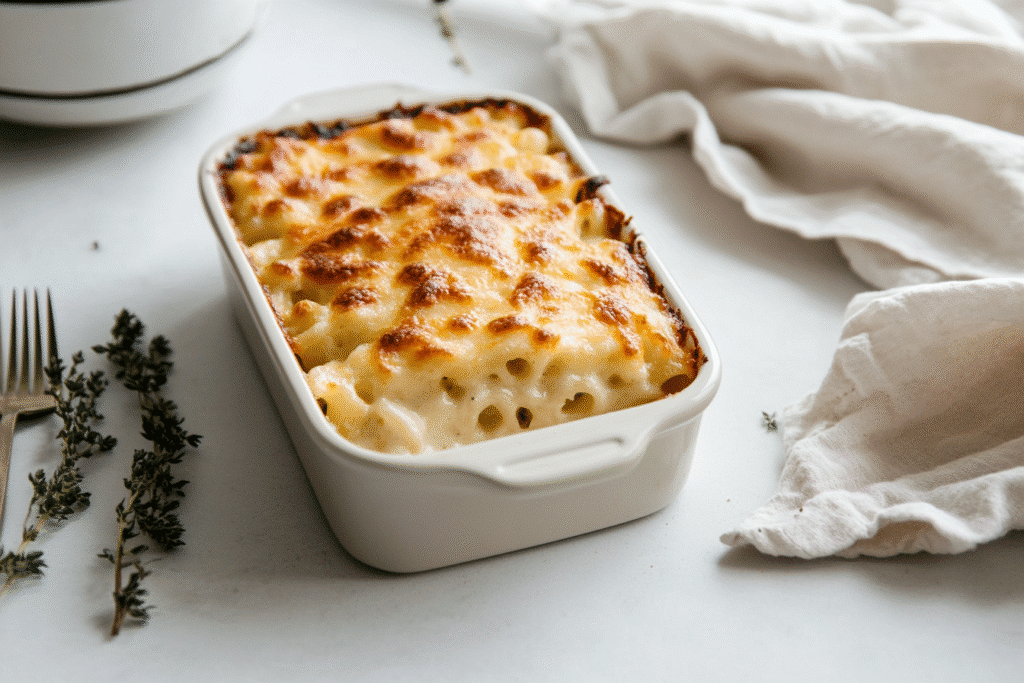 single-serving pasta al forno with béchamel sauce in white ramekin