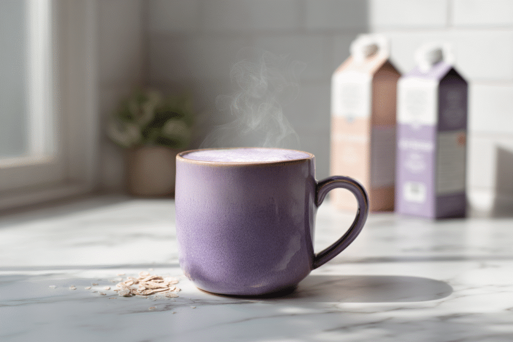 ube latte with milk options in white kitchen. Best milk for ube latte