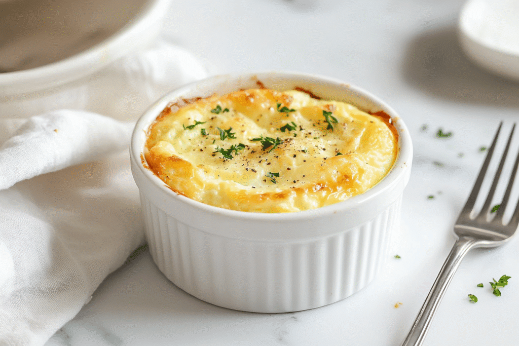 baked cottage cheese eggs in white ramekin